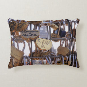 Love Locks and Eiffel Tower. Paris. France. Round Accent Pillow