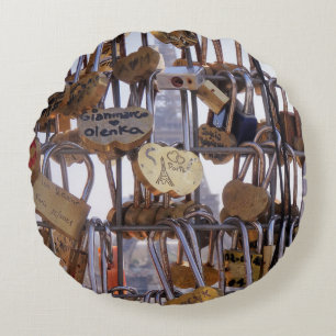 Love Locks and Eiffel Tower. Paris. France. Round Pillow