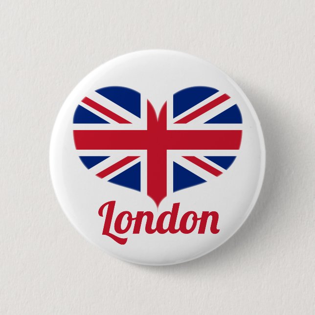 Love London | Heart Shaped UK Flag / Union Jack Pinback Button (Front)