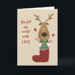 Love Lover Spouse Partner Christmas Greeting Holiday Card<br><div class="desc">Oh what fun... .they fill your world with love. Red hearts around a romantic reindeer stuffed in a stocking along with a few candy canes.  What a stocking stuffer!  See more Christmas greeting cards at Zigglets here at Zazzle.</div>