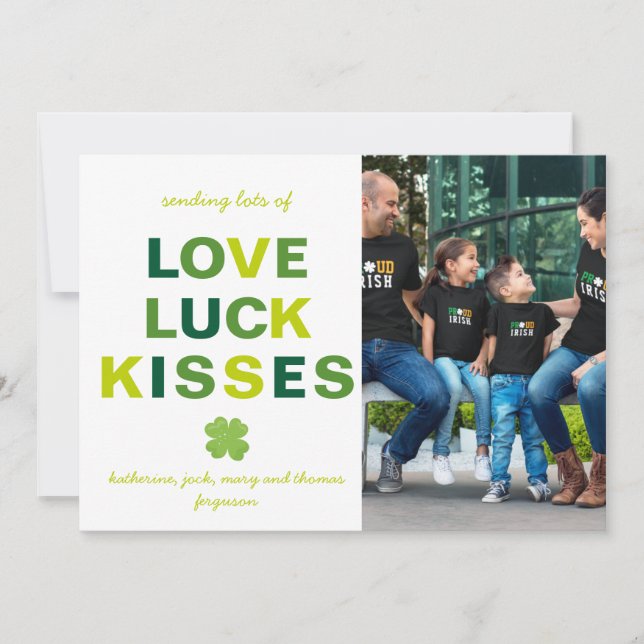 Love Luck Kisses Custom Photo Shamrock St Patrick Card (Front)