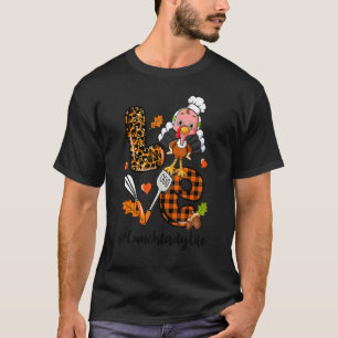 Love Lunch Lady Leopard Pumpkin Turkey Fall Thanks T-Shirt