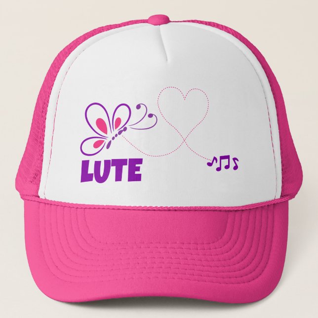 Love Lute Pink Purple Butterfly Heart Trucker Hat (Front)