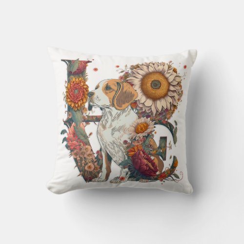 LOVE Made of Beagle Sunflower Rose Wildflowers Throw Pillow