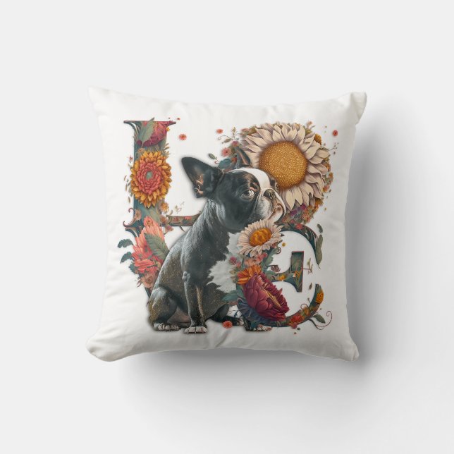 LOVE Made of Boston Terrier Sunflower Wildflower  Throw Pillow (Front)