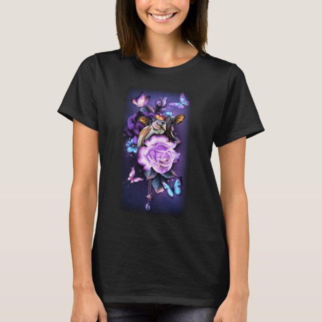Love Magical Cow Purple Roses Flower Butterfly T-Shirt (Front)