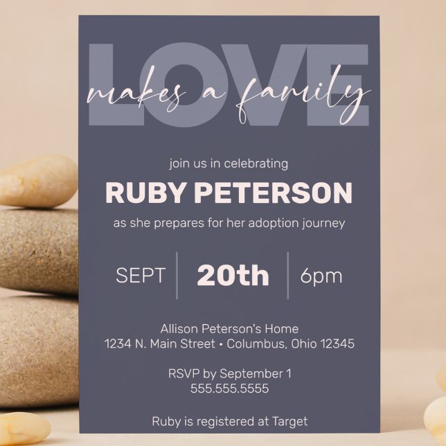 "Love Makes A Family" Modern Child Adoption Shower Invitation ("love makes a family" Purple cute modern child / baby adoption shower invitation customizable)