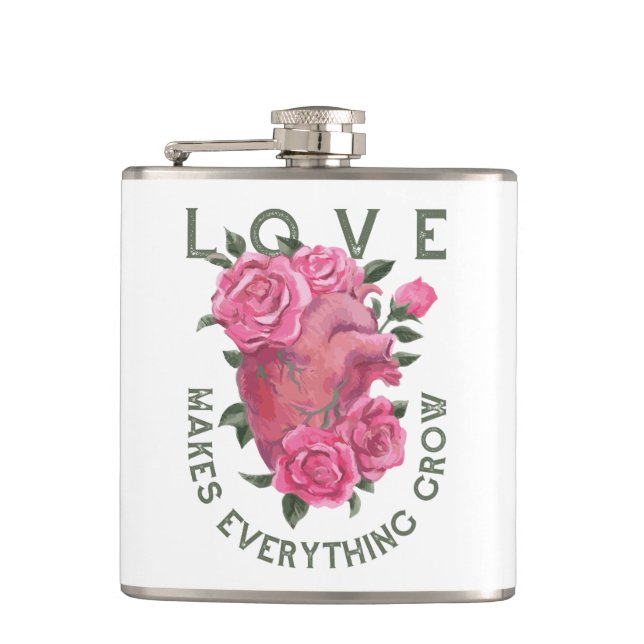 Love Makes Everything Grow – Floral Heart Flask (Front)