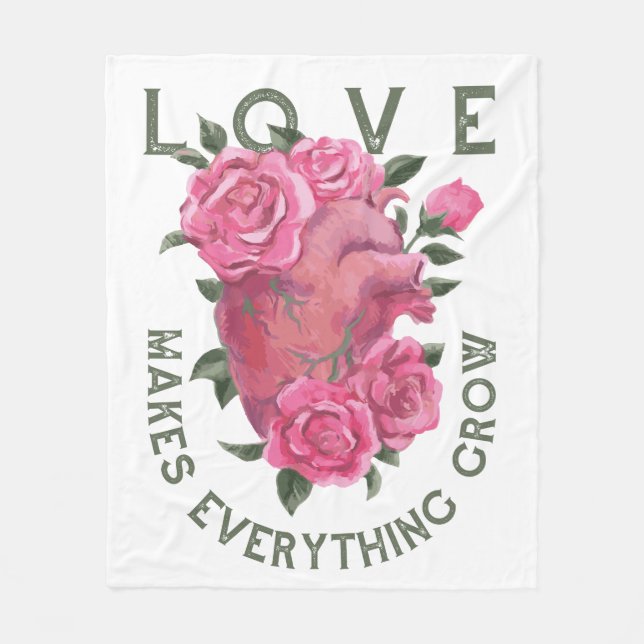 Love Makes Everything Grow – Floral Heart Fleece Blanket (Front)