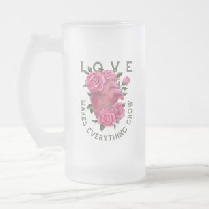 Love Makes Everything Grow – Floral Heart Frosted Glass Beer Mug