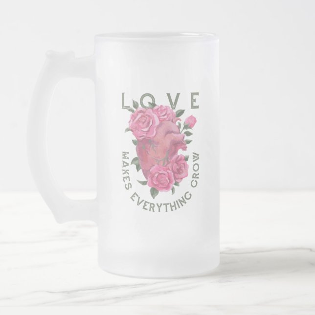 Love Makes Everything Grow – Floral Heart Frosted Glass Beer Mug (Left)