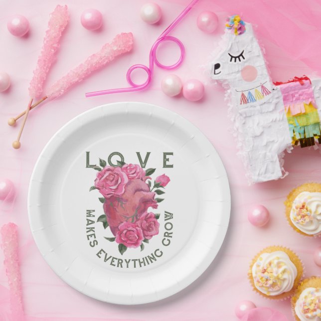 Love Makes Everything Grow – Floral Heart Paper Plates (Party)