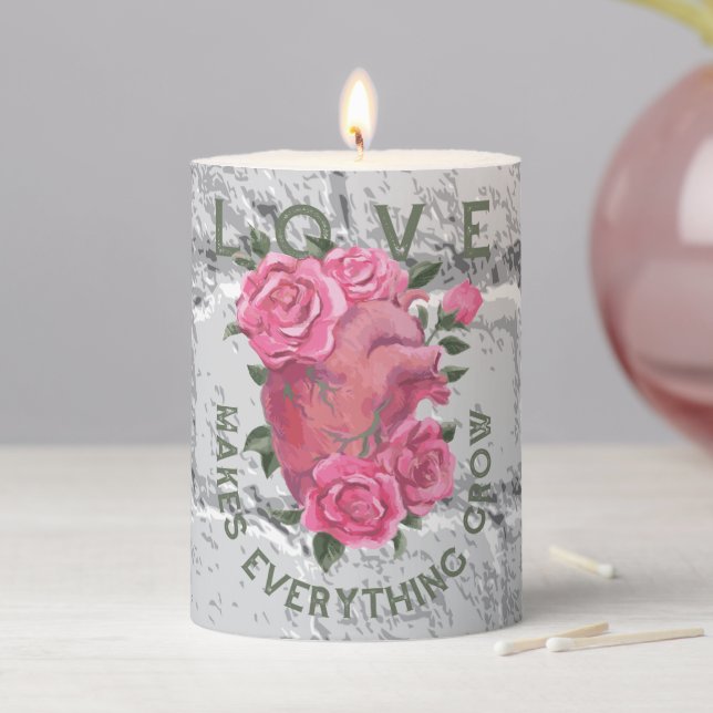 Love Makes Everything Grow – Romantic Floral Art  Pillar Candle (In Situ)