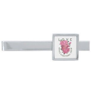 Love Makes Everything Grow – Romantic Floral Art Silver Finish Tie Bar