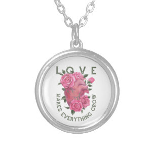 Love Makes Everything Grow – Romantic Floral Art Silver Plated Necklace