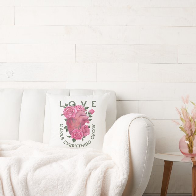 Love Makes Everything Grow – Romantic Floral Art  Throw Pillow (Couch)