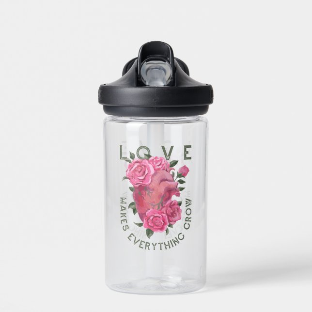 Love Makes Everything Grow – Romantic Floral Art  Water Bottle (Front)