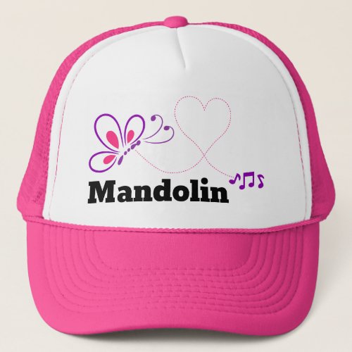 Love Mandolin Pink Purple Butterfly Heart Music Notes Trucker Hat