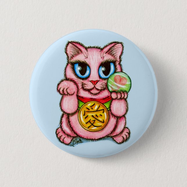 LOVE Maneki Neko Good Luck Cat Cute Art Button (Front)