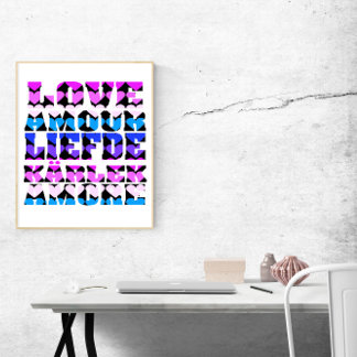 Love Many Languages Hearts Pink Purple Blue Black Poster