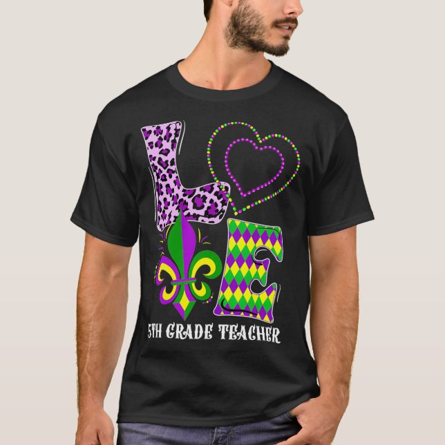 Love Mardi Gras 5th Grade Teacher Leopard Print Co T-Shirt (Front)