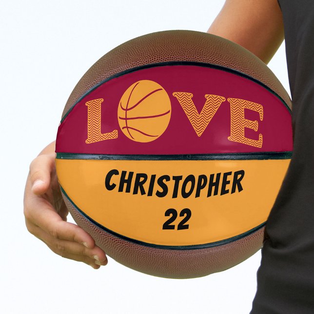 LOVE Maroon Red and Golden Yellow Personalized Basketball (Creator Uploaded)