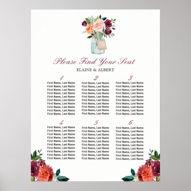 Love Mason Jar 6 Tables Wedding Seating Chart