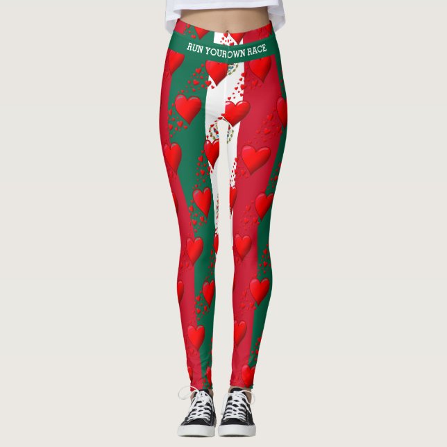 LOVE MEXICO Flag Red Hearts RUN YOUR RACE Leggings (Front)