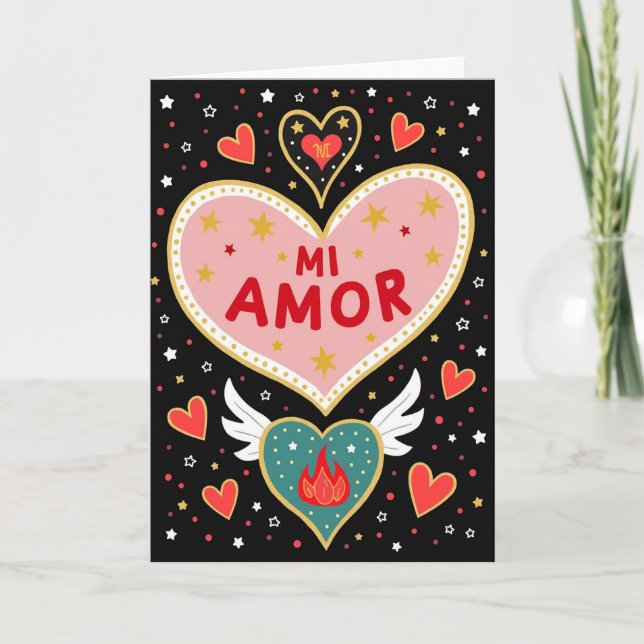 Love Mi Amor Flaming Heart Card (Front)