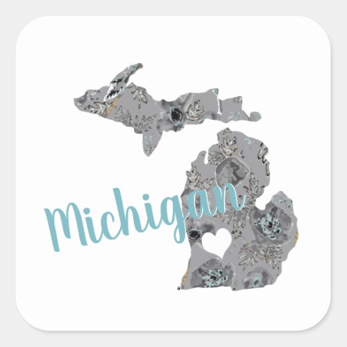 Love Michigan Floral Filled Silhouette Square Sticker