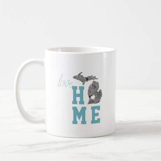 Love Michigan Home With Gray And Blue Poppies Coffee Mug (Left)