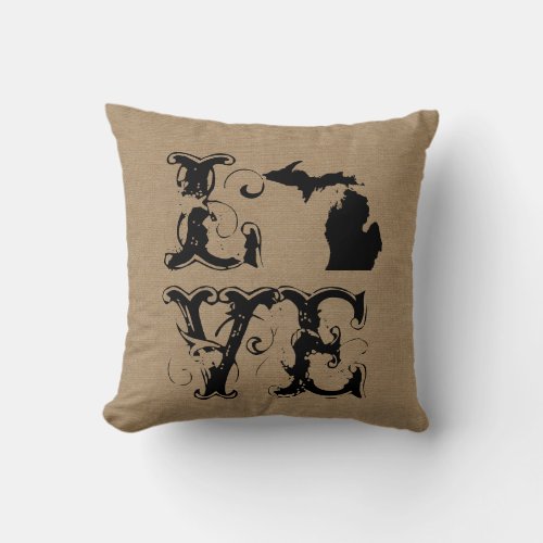 Love Michigan state rustic chic burlap vintage Throw Pillow