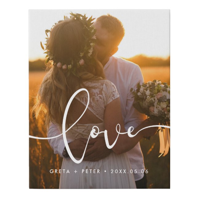 Love modern calligraphy overlay wedding photo faux canvas print (Front)