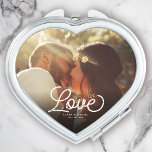 LOVE Modern Calligraphy Simple Photo Wedding Compact Mirror<br><div class="desc">Modern wedding keepsake or guest gift for Newlyweds,  Valentine's Day showcasing your favorite engagement photo with modern script calligraphy reading LOVE over your custom names and date over a dark gradient to make the typography stand out.</div>
