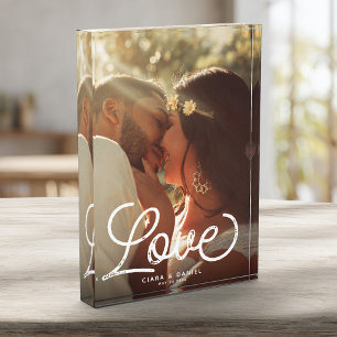 LOVE Modern Calligraphy Simple Wedding Keepsake Photo Block