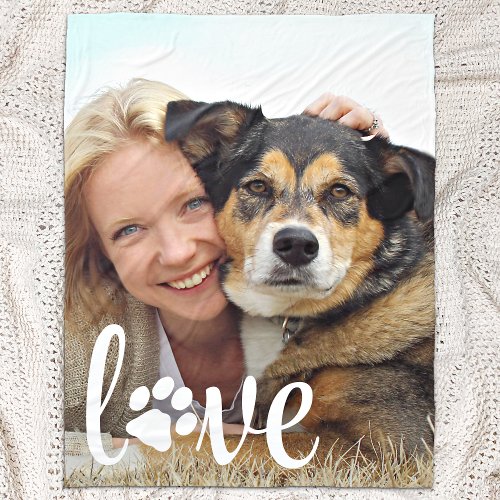 LOVE Modern Custom Pet Photo Paw Print Dog Lover   Fleece Blanket