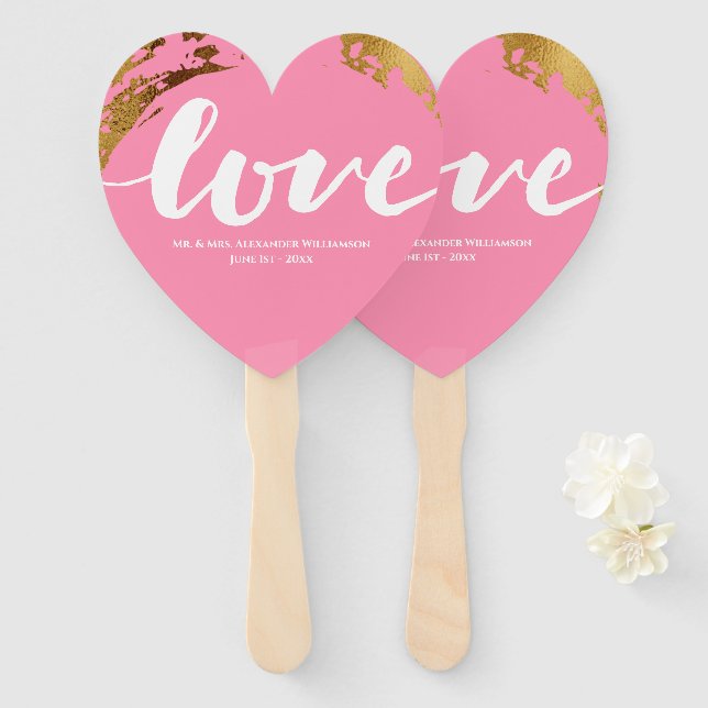 Love Modern Gold Foil Pink Typography Wedding Hand Fan (Front and Back)