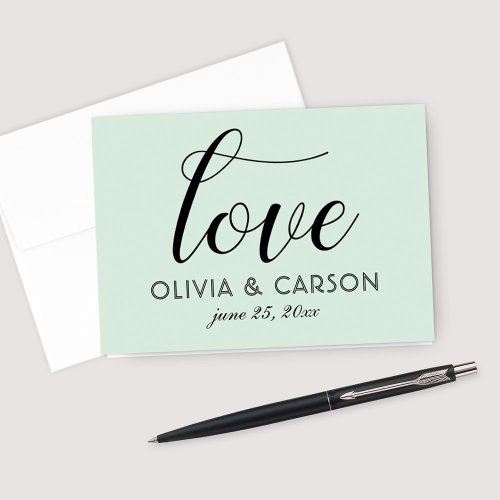 Love Modern Mint and Black Script Wedding Monogram Thank You Card