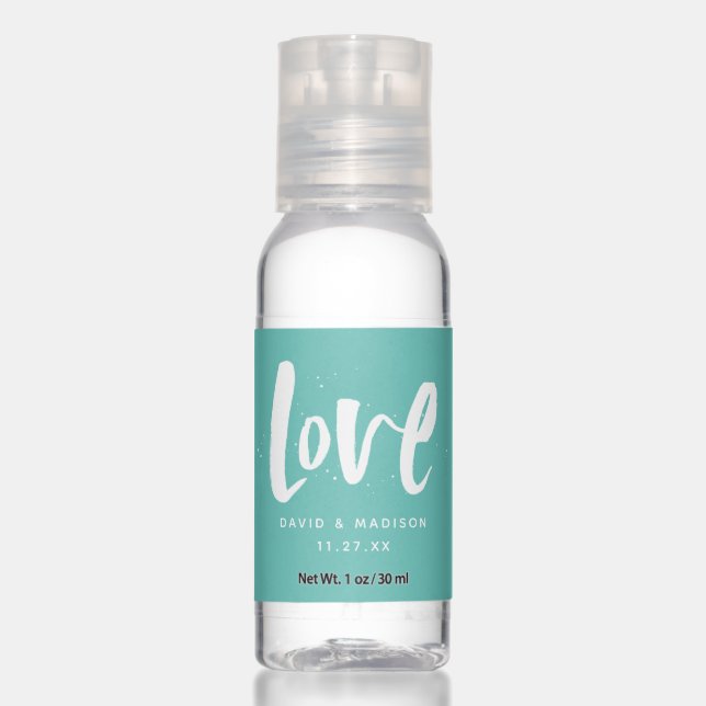 Love modern script teal hand sanitizer (Front)