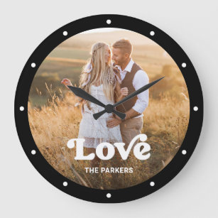 Love   Modern Script with Photo Black and White Large Clock