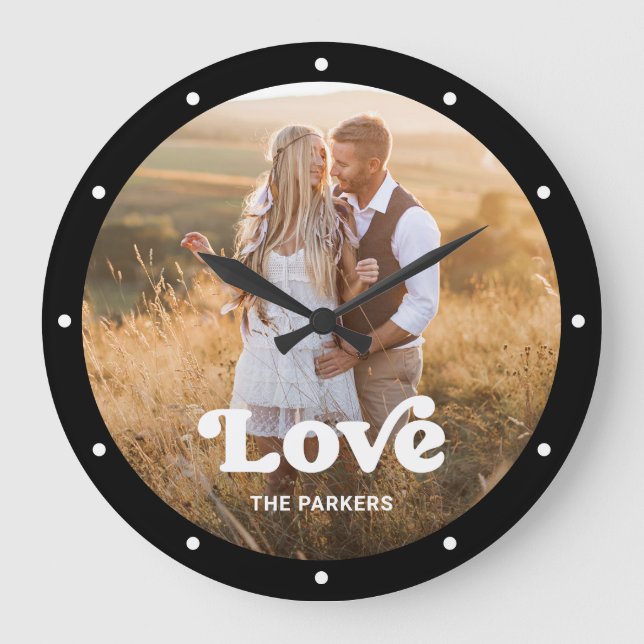 Love | Modern Script with Photo Black and White Large Clock (Front)