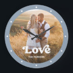 Love | Modern Script with Photo Dusty Blue Large Clock<br><div class="desc">This colorful and stylish clock features your favorite personal family photo,  with trendy white typography and a spot to add your name. The border of the clock is a soft,  dusty blue color.</div>