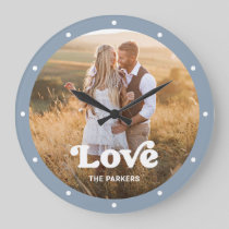 Love | Modern Script with Photo Dusty Blue Large Clock