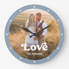 Love | Modern Script with Photo Dusty Blue Large Clock
