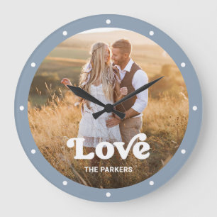 Love   Modern Script with Photo Dusty Blue Large Clock