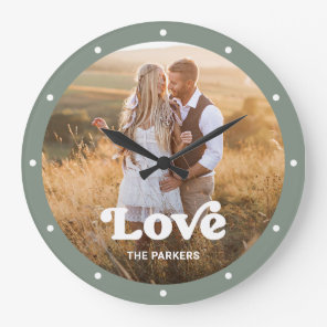 Love | Modern Script with Photo Sage Green Large Clock