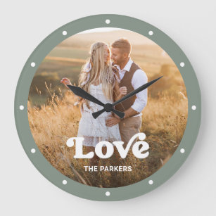 Love   Modern Script with Photo Sage Green Large Clock