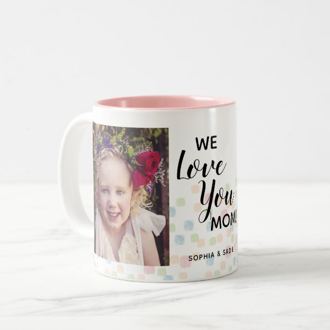 Love Mom 2 Photo Pastel Dots Two-Tone Coffee Mug (Front Left)