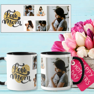 Love Mom gold heart with 5 Custom Photos Mug