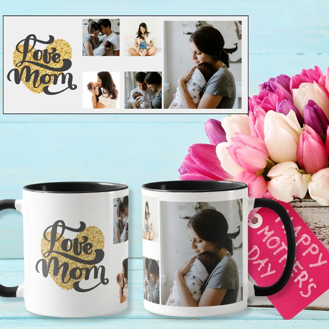 Love Mom gold heart with 5 Custom Photos Mug (Love Mom gold heart with 5 Custom Photos Mug)